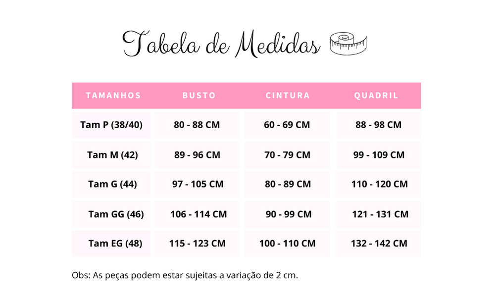 Tabela De Medidas Mundy Intimates 5195